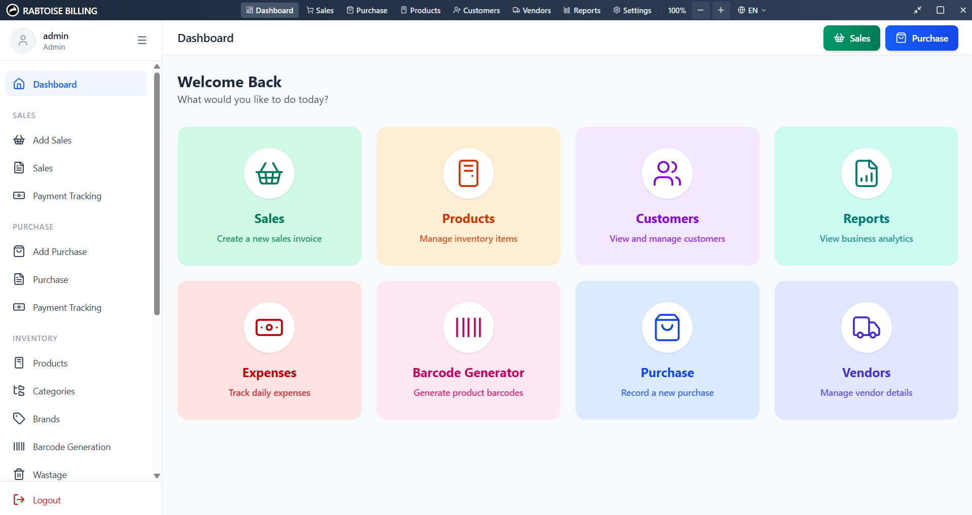 Billing Software dashboard with quick access to Sales, Products, Customers, Reports, Expenses, and Purchases